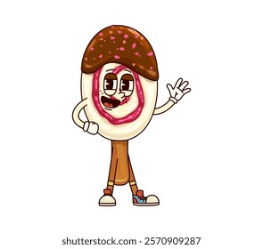 Ice cream groovy character. Playful cartoon vector popsicle with chocolate topping and sprinkles. Isolated vector retro summer dessert personage dressed in sneakers and strikes a lively funky pose