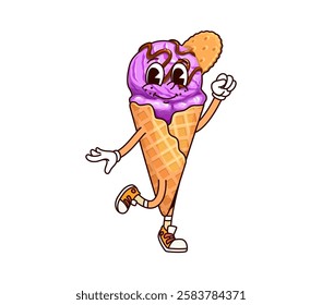 Ice cream groovy character with a purple scoop, chocolate drizzle and waffle cone, topped with a cookie. Vector whimsical cartoon dessert personage showcases fun, sweetness, retro charm and happiness