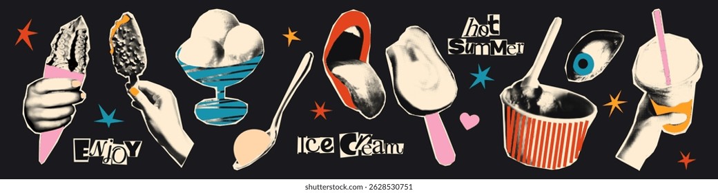 Ice cream halftone art collage cut outs set. Various paper clipping shapes, summer dessert stickers with vintage dotted texture and doodles. Modern retro grunge mixed media vector illustration