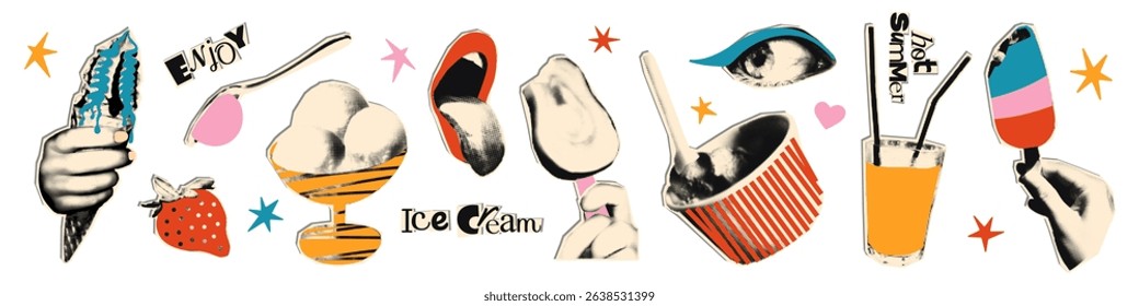Ice cream halftone art collage cut outs set. Paper clipping shapes, summer dessert stickers with vintage dot texture and doodles. Modern retro grunge vector illustration for mixed media design