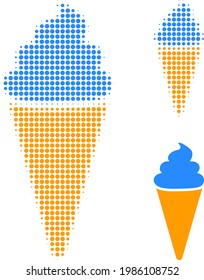 Ice cream halftone dotted icon. Halftone array contains round pixels. Vector illustration of ice cream icon on a white background.