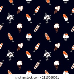 Ice cream, hand drawing. Vector seamless pattern on a black background. Stylish bright print.