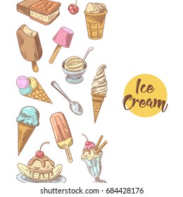 Ice Cream Hand Drawn Background with Fruits and Chocolate. Cones and Waffles. Vector illustration