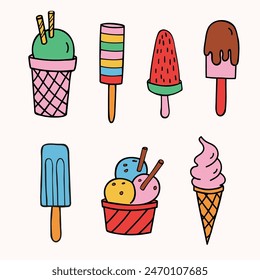 Ice Cream hand drawn in cartoon style. Vector with different kind sweets milk dessert on isolated background. Food illustration. Design for label, logo, poster, card, flyer, print, paper, flyer