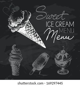 Ice cream hand drawn chalkboard design set. Black chalk texture