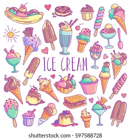 Ice cream hand drawn colorful doodle set.  Vector illustration isolated on white background