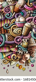 Ice cream hand drawn doodle banner. Cartoon detailed flyer. Ice-cream identity with objects and symbols. Color vector design elements background
