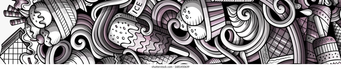 Ice cream hand drawn doodle banner. Cartoon detailed flyer. Ice-cream identity with objects and symbols. Monochrome vector design elements background