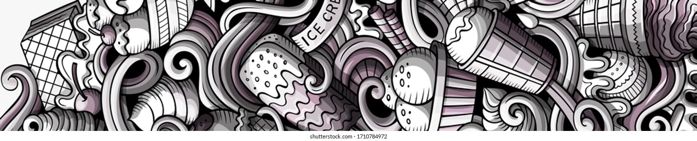Ice cream hand drawn doodle banner. Cartoon detailed flyer. Ice-cream identity with objects and symbols. Monochrome vector design elements background