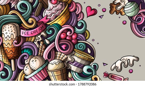 Ice cream hand drawn doodle banner. Cartoon detailed flyer. Ice-cream identity with objects and symbols. Color vector design elements background