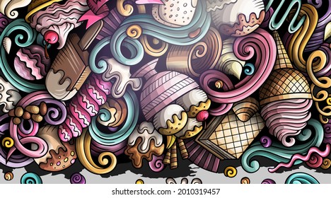 Ice Cream hand drawn doodle banner. Cartoon vector detailed flyer. Illustration with sweet food objects and symbols. Colorful horizontal background