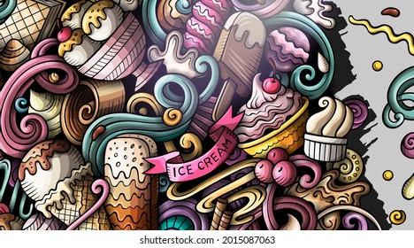 Ice Cream hand drawn doodle banner. Cartoon vector detailed flyer. Illustration with sweet food objects and symbols. Colorful horizontal background