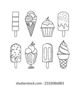 conjunto vectorial de ilustraciones de doodle dibujadas a mano de helado