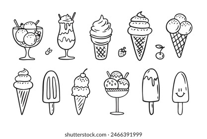 Juego de garabatos dibujados a mano. Diferentes tipos, cono de gofre, taza de helado, paleta, helado de helado. Boceto estilo café menú, tarjeta, decoración de la tarjeta de cumpleaños. Ilustración vectorial