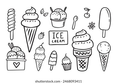 Juego de garabatos dibujados a mano. Diferentes tipos, cono de gofre, taza de helado, paleta, helado de helado. Boceto estilo café menú, tarjeta, decoración de la tarjeta de cumpleaños. Ilustración vectorial