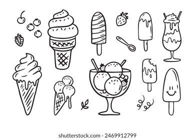 Juego de garabatos dibujados a mano. Diferentes tipos, cono de gofre, taza de helado, paleta, helado de helado. Boceto estilo café menú, tarjeta, decoración de la tarjeta de cumpleaños. Ilustración vectorial