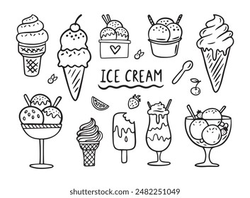 Juego de garabatos dibujados a mano. Diferentes tipos, cono de gofre, taza de helado, paleta, helado de helado. Boceto estilo café menú, tarjeta, decoración de la tarjeta de cumpleaños. Ilustración vectorial