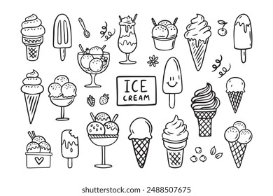 Juego de garabatos dibujados a mano. Diferentes tipos, cono de gofre, taza de helado, paleta, helado de helado. Boceto estilo café menú, tarjeta, decoración de la tarjeta de cumpleaños. Ilustración vectorial