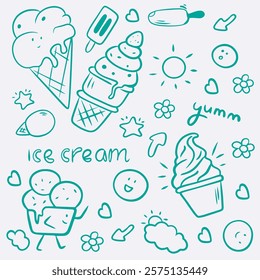 Ice cream Hand drawn doodle set. Different types, waffle cone, cup ice cream, popsicle, ice cream shop. Sketch style cafe menu, card, birthday card decoration. 