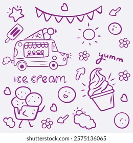 Ice cream Hand drawn doodle set. Different types, waffle cone, cup ice cream, popsicle, sundae. Sketch style cafe menu, card, birthday card decoration. Vector illustration