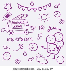 Ice cream Hand drawn doodle set. Different types, waffle cone, cup ice cream, popsicle, ice cream car. Sketch style cafe menu, card, birthday card decoration. Vector illustration