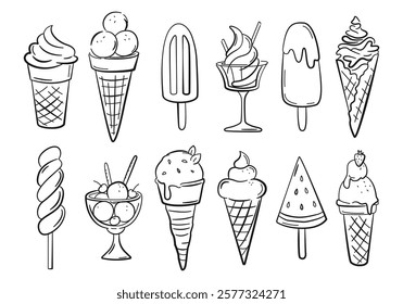 Ice Cream Hand drawn doodle set. Waffle cone, cup Ice Cream, Popsicle, Sundae. Frozen Food, Summer, Vanilla, Chocolate, Cup, Snack, Dessert. Sketch style for cafe menu, birthday cards. Vector