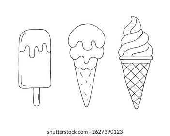 Ice cream Hand drawn doodle set. Waffle cone, popsicle. 
