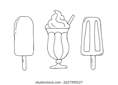 Ice Cream Conjunto de rabiscos desenhado à mão. Xícara de Sorvete, Picolé. Alimentos Congelados. Estilo de esboço para menu café, cartões de aniversário. Ilustração vetorial