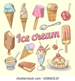 Ice Cream Hand Drawn Doodle with Cone, Cherry and Chocolate. Sweet Food. Vector illustration