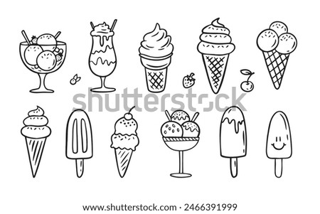 Ice cream Hand drawn doodle set. Different types, waffle cone, cup ice cream, popsicle, sundae. Sketch style cafe menu, card, birthday card decoration. Vector illustration