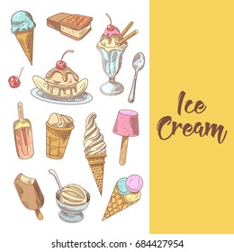 Ice Cream Hand Drawn Menu with Fruits and Chocolate. Cones and Waffles. Vector illustration