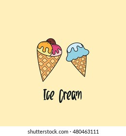 Ice cream hand drawn objects and symbols with color. Ice cream cone sketch cartoon style with color, vector illustration