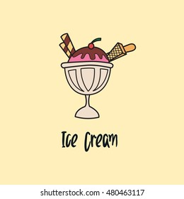 Ice cream hand drawn objects and symbols with color. Ice cream cone sketch cartoon style with color, vector illustration
