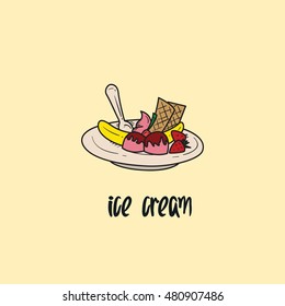 Ice cream hand drawn objects and symbols with color. Ice cream  sketch cartoon style with color, vector illustration