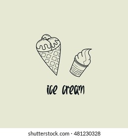Ice cream hand drawn objects and symbols with color. Ice cream sketch cartoon style with color, vector illustration