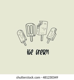 Ice cream hand drawn objects and symbols with color. Ice cream sketch cartoon style with color, vector illustration