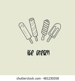 Ice cream hand drawn objects and symbols with color. Ice cream sketch cartoon style with color, vector illustration