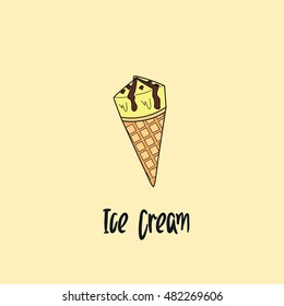 Ice cream hand drawn objects and symbols with color. Ice cream cone sketch cartoon style with color, vector illustration.