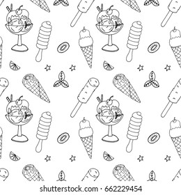 Ice cream Hand Drawn Pattern. Drawing Sundae, Sorbet, Lolly. Summer Seamless Background. Sketch Icons of Icecream. Handdrawn Texture with Doodle Elements and Symbols. Vector Illustrations.