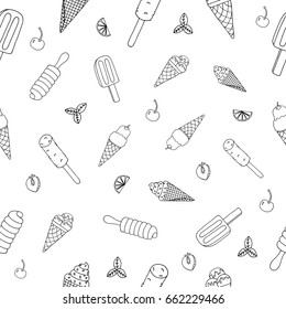 Ice cream Hand Drawn Pattern. Drawing Sundae, Sorbet, Lolly. Summer Seamless Background. Sketch Icons of Icecream. Handdrawn Texture with Doodle Elements and Symbols. Vector Illustrations.