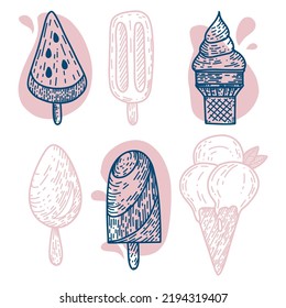 Ice cream hand drawn pink and blue doodle set. Vector illustration isolated on white background.