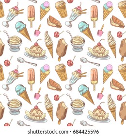 Ice Cream Hand Drawn Seamless Pattern with Cold Desserts, Fruits and Chocolate, Cones and Waffles. Vector illustration