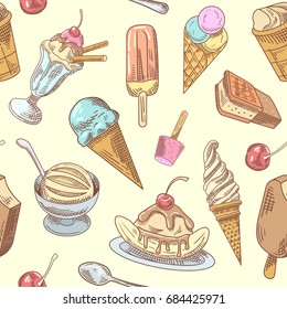 Ice Cream Hand Drawn Seamless Background with Cold Desserts, Fruits and Chocolate, Cones and Waffles. Vector illustration