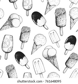 Ice cream hand drawn seamless pattern. Vintage vector illustration. Food menu background. Engraved style. Dessert sketch.