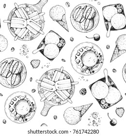 Ice Cream Hand Drawn Seamless Pattern. Vintage Vector Illustration. Food Menu Background. Engraved Style. Dessert Sketch.