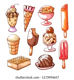 Ice cream hand drawn set. Sweet tasty course, delicious frozen food with pleasant taste. Vector different types
 ice cream illustration on white background