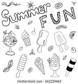 Ice cream Hand Drawn Set. Drawing Sundae, Sorbet, Lolly. Calligraphy Text Summer Fun. Sketch Icons of Icecream. Handdrawn Collection: Doodle Elements and Symbols. Vector Illustrations.