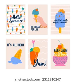 Ice cream hand drawn summer card collection template. Hello summer