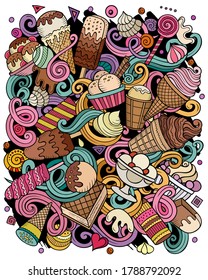 Ice Cream hand drawn vector doodles illustration. Sweets poster design. Sweet food elements and objects cartoon background. Bright colors funny picture