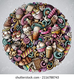 Ice Cream hand drawn vector doodles illustration. Sweets poster design. Sweet food elements and objects cartoon background. Bright colors funny picture